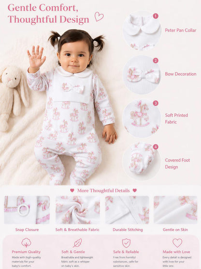 Baby Grow for Girls Rocking Horse Collection with Bow - Baby Pink