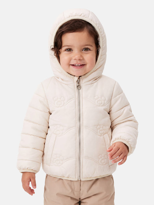 Baby Girl Padded Hooded Coat with Teddy Pattern - Ivory