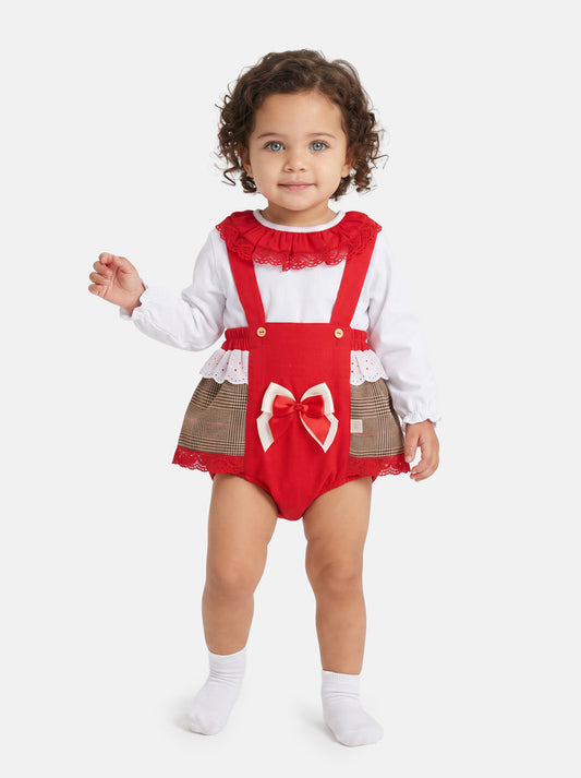 Baby Girl Winter Wonderland Collection Tartan Romper with Frills, Lace and Bows - Red collar