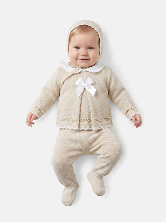 Baby Girl Pointelle 3-piece Knitted Gift Box Set - Beige