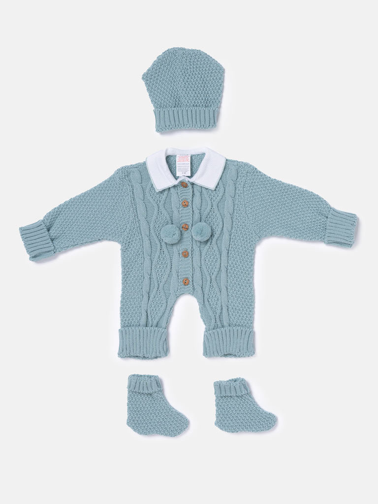 Baby Boy All-In-One Knitted 3-Piece Set with Pom-Poms - Mint Green