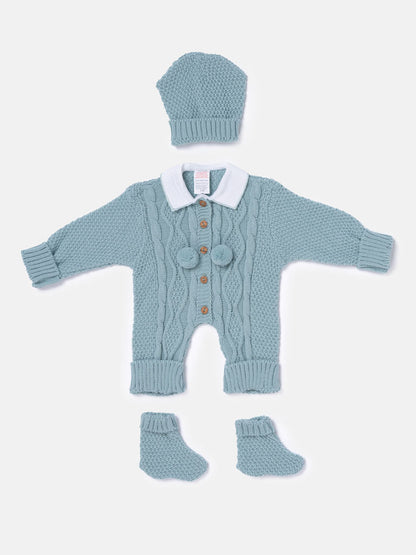 Baby Boy All-In-One Knitted 3-Piece Set with Pom-Poms - Mint Green
