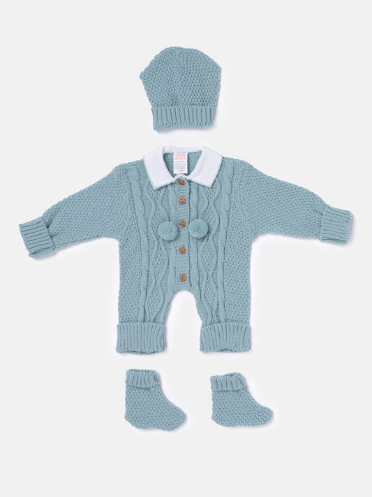 Baby Boy All-In-One Knitted 3-Piece Set with Pom-Poms - Mint Green