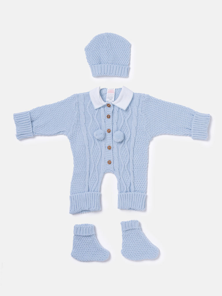 Baby Boy All-In-One Knitted 3-Piece Set with Pom-Poms - Baby Blue