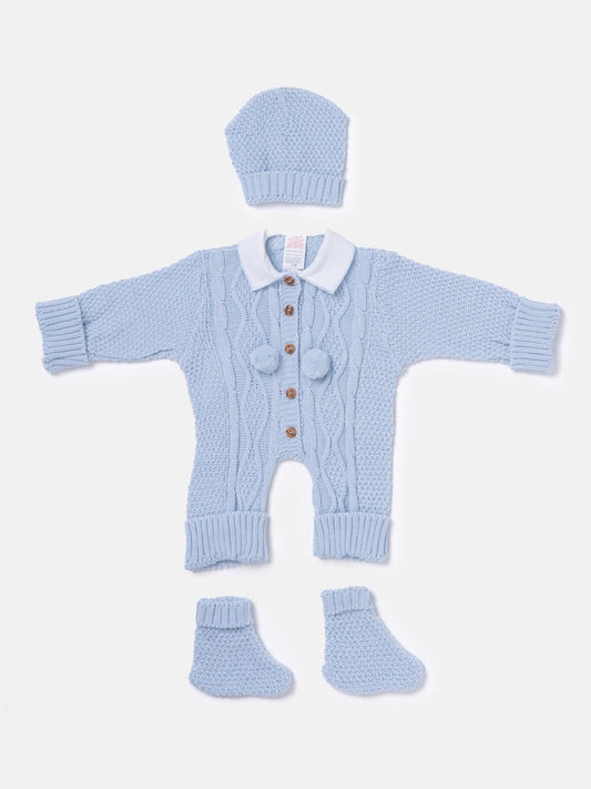 Baby Boy All-In-One Knitted 3-Piece Set with Pom-Poms - Baby Blue