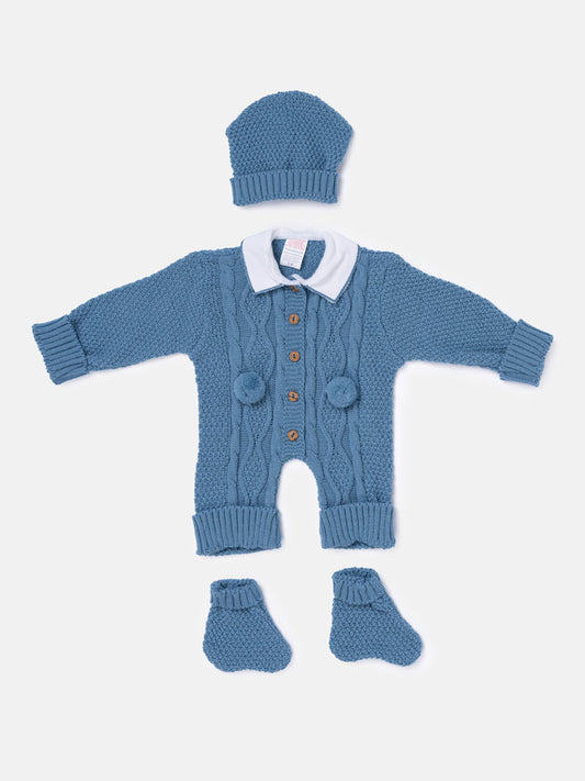 Baby Boy All-In-One Knitted 3-Piece Set with Pom-Poms - Blue
