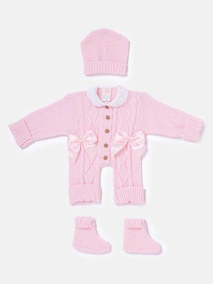 Baby Girl All-In-One Knitted 3-Piece Set with Bows - Baby Pink