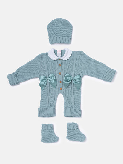 Baby Girl All-In-One Knitted 3-Piece Set with Bows - Mint Green