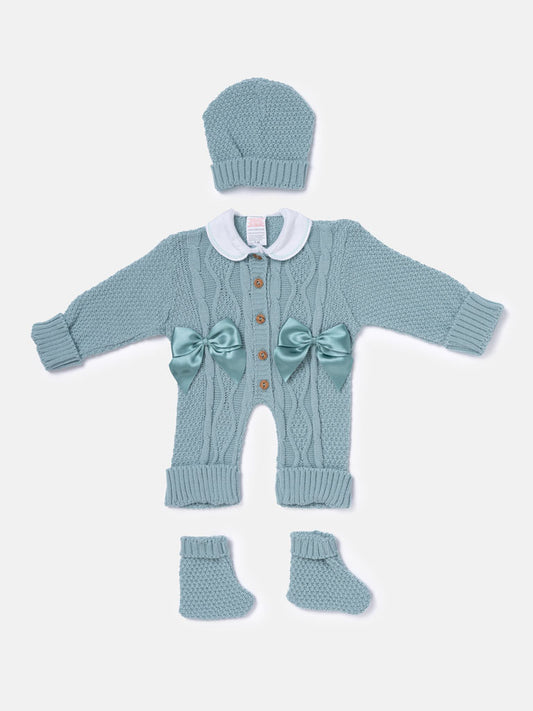 Baby Girl All-In-One Knitted 3-Piece Set with Bows - Mint Green
