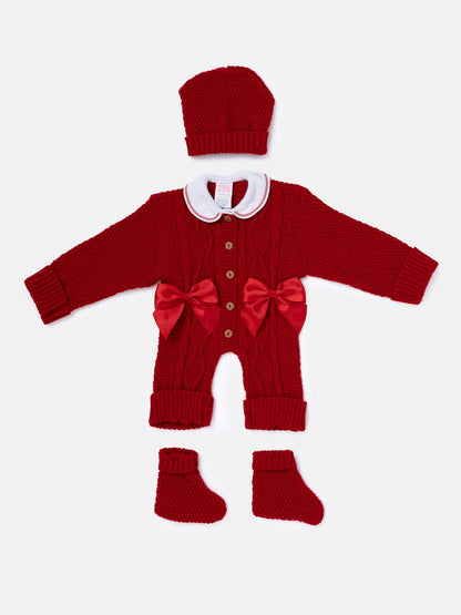 Baby Girl All-In-One Knitted 3-Piece Set with Bows - Red