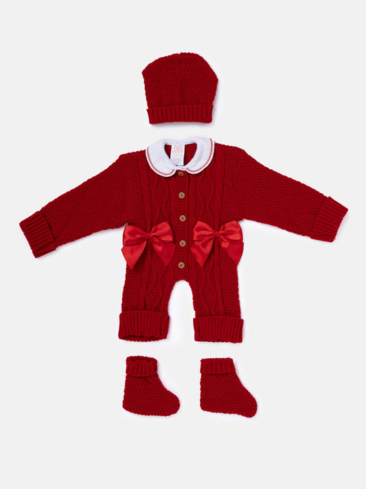 Baby Girl All-In-One Knitted 3-Piece Set with Bows - Red