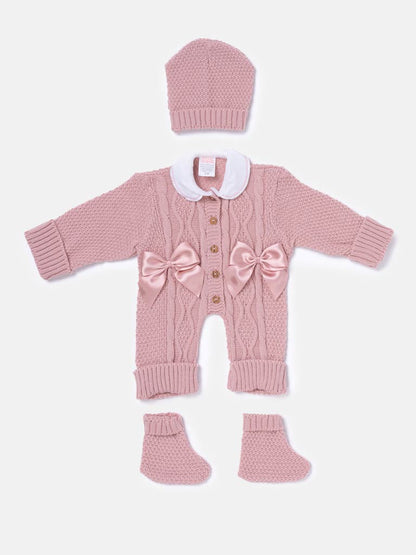 Baby Girl All-In-One Knitted 3-Piece Set with Bows - Rose Pink