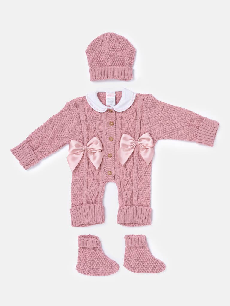 Baby Girl All-In-One Knitted 3-Piece Set with Bows - Dusty Pink
