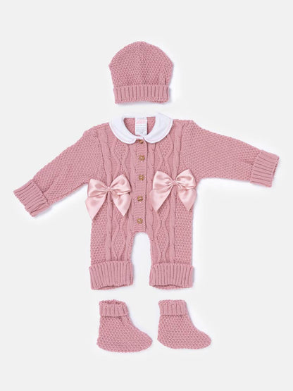 Baby Girl All-In-One Knitted 3-Piece Set with Bows - Dusty Pink