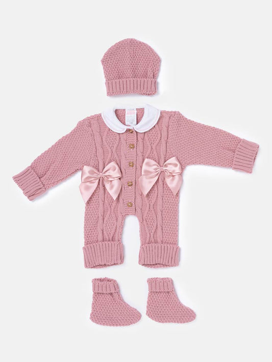 Baby Girl All-In-One Knitted 3-Piece Set with Bows - Dusty Pink