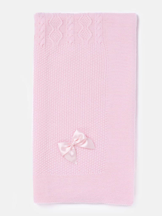 Baby Knitted Spanish Blanket with Satin Bow - Baby Pink