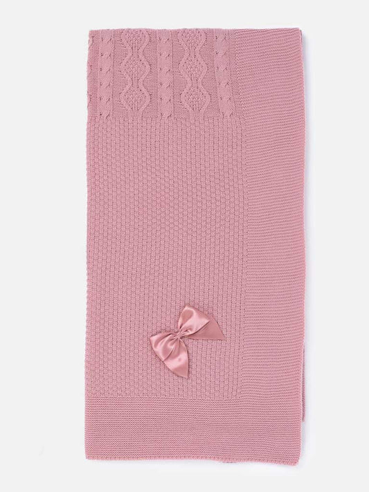 Baby Knitted Spanish Blanket with Satin Bow - Dusty Pink