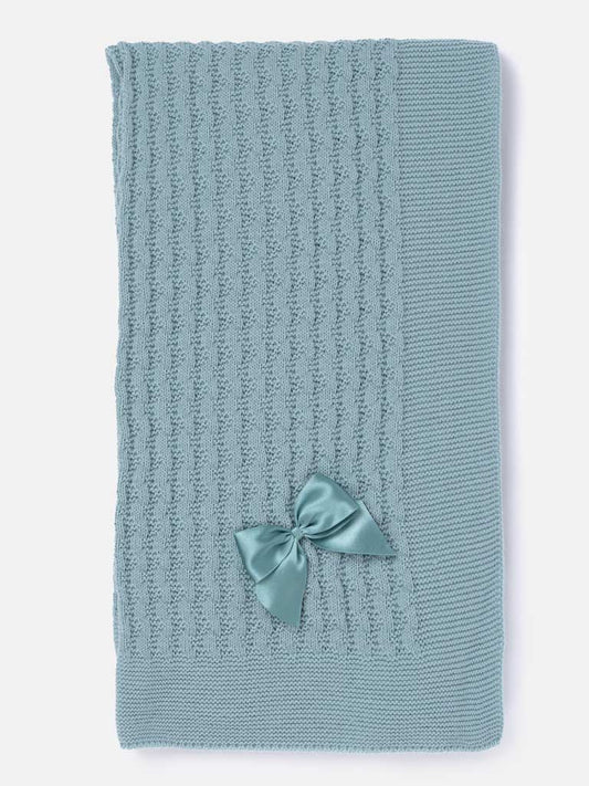 Baby Textured Knit Spanish Blanket with Satin Bow - Mint green
