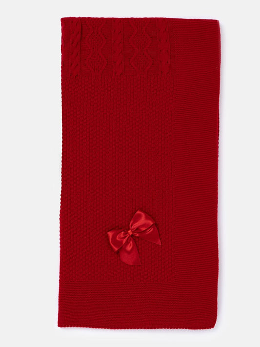 Baby Knitted Spanish Blanket with Satin Bow - Red