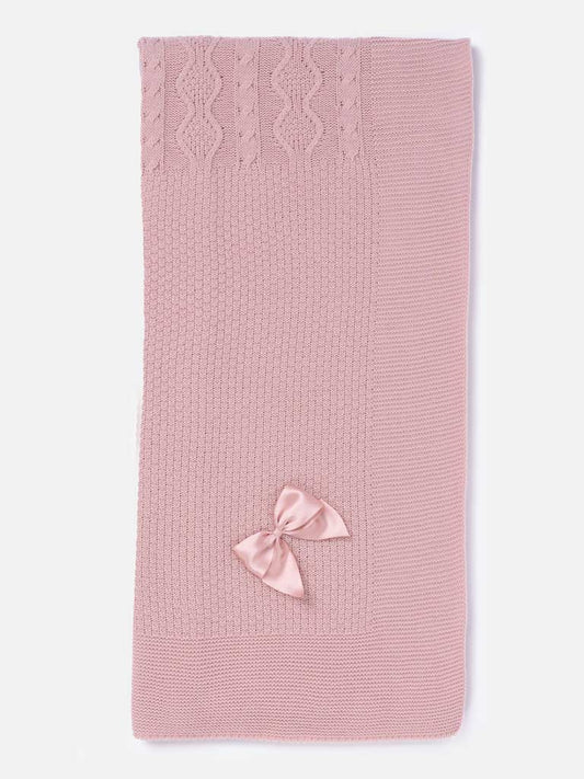 Baby Knitted Spanish Blanket with Satin Bow - Rose Pink