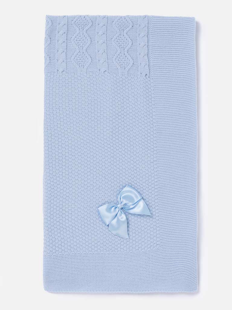 Baby Knitted Spanish Blanket with Satin Bow - Baby Blue