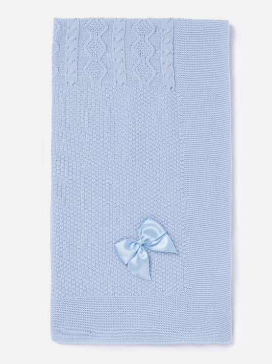 Baby Knitted Spanish Blanket with Satin Bow - Baby Blue
