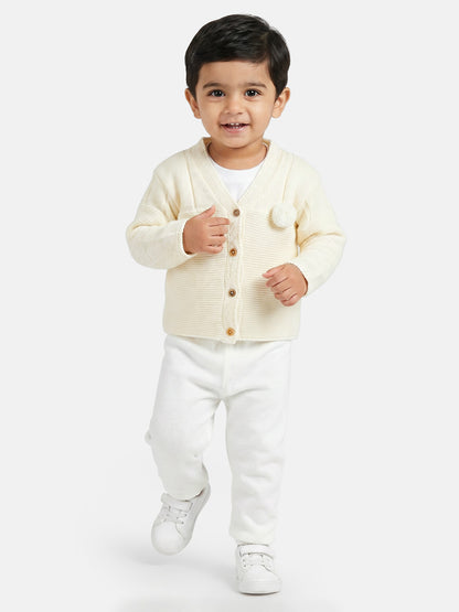 Baby Boy Button-Down Knitted Cardigan with Pom-Pom - Ivory
