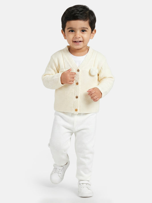 Baby Boy Button-Down Knitted Cardigan with Pom-Pom - Ivory
