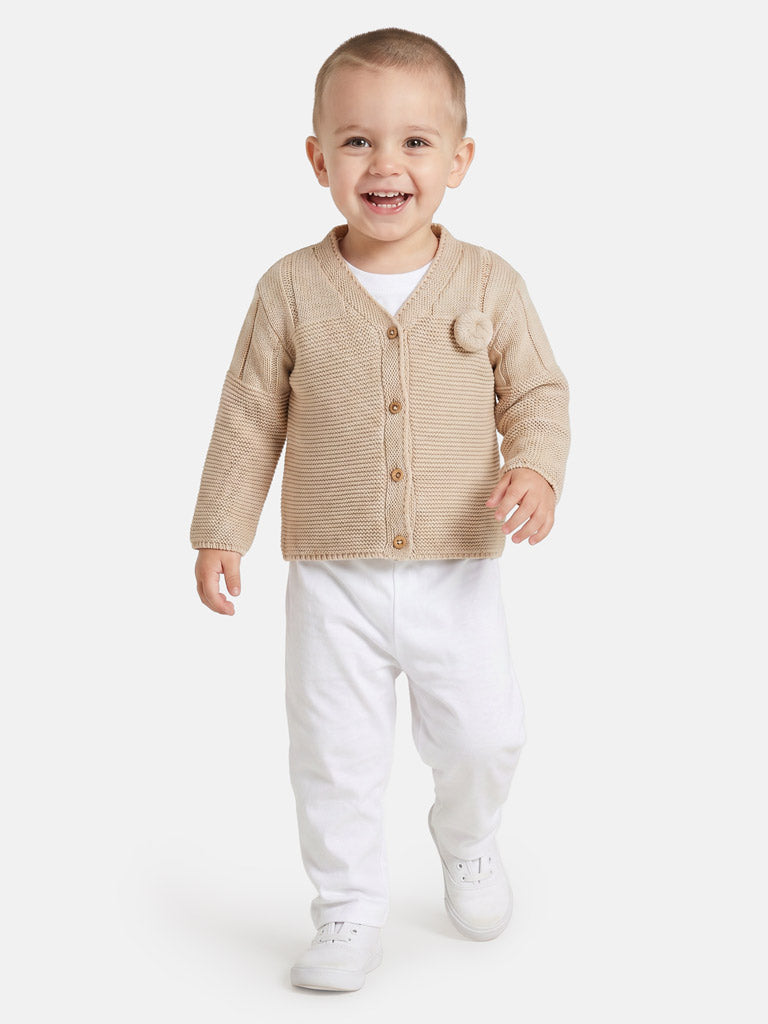 Baby Boy Button-Down Knitted Cardigan with Pom-Pom - Beige
