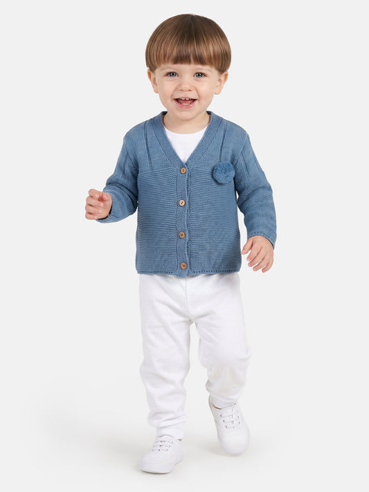 Baby Boy Button-Down Knitted Cardigan with Pom-Pom - Blue