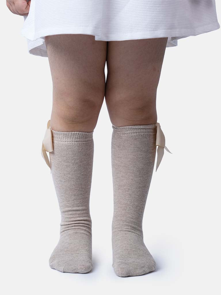 Baby Girl Knee Socks with Satin Bow and Crown - Beige