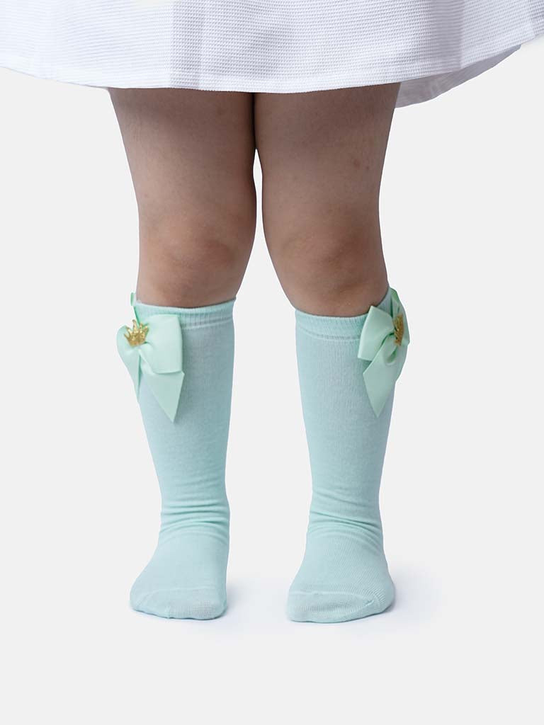 Baby Girl Knee Socks with Satin Bow and Crown - Mint Green