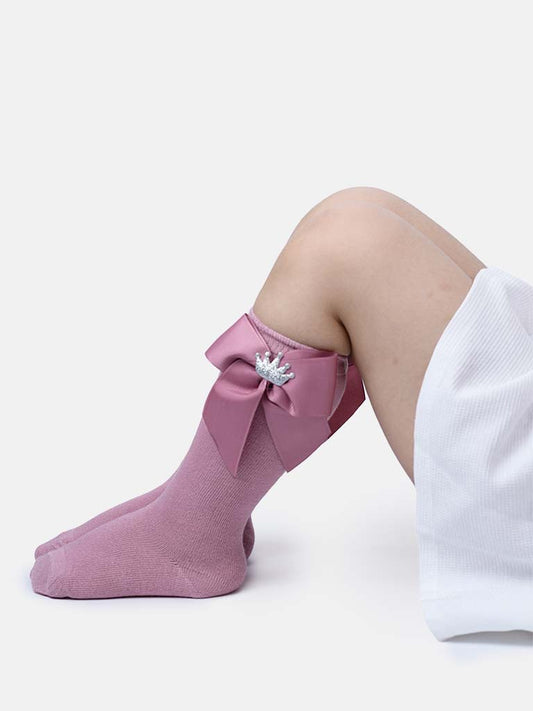Baby Girl Knee Socks with Satin Bow and Crown - Dusty Pink