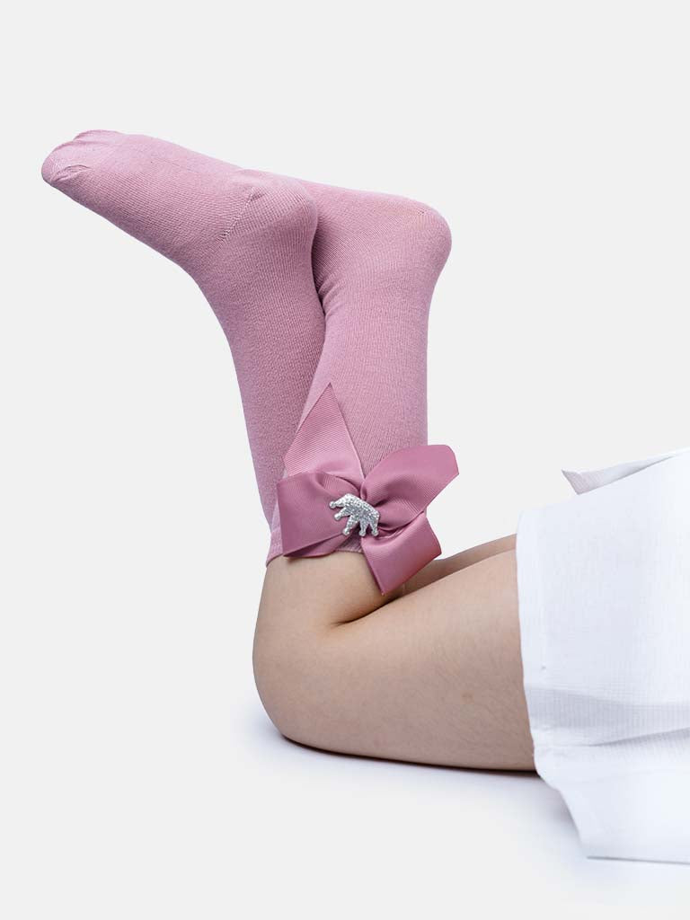 Baby Girl Knee Socks with Satin Bow and Crown - Dusty Pink