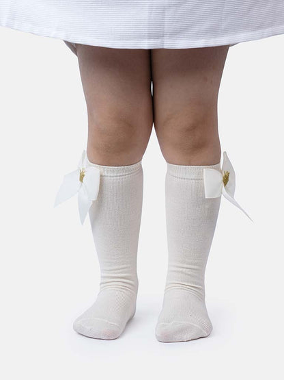 Baby Girl Knee Socks with Satin Bow and Crown - Ivory