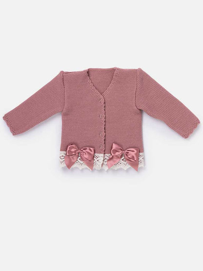 Baby Girl Cardigan with Bows and Lace - Dusty Pink