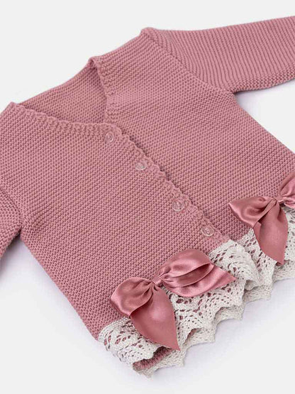 Baby Girl Cardigan with Bows and Lace - Dusty Pink