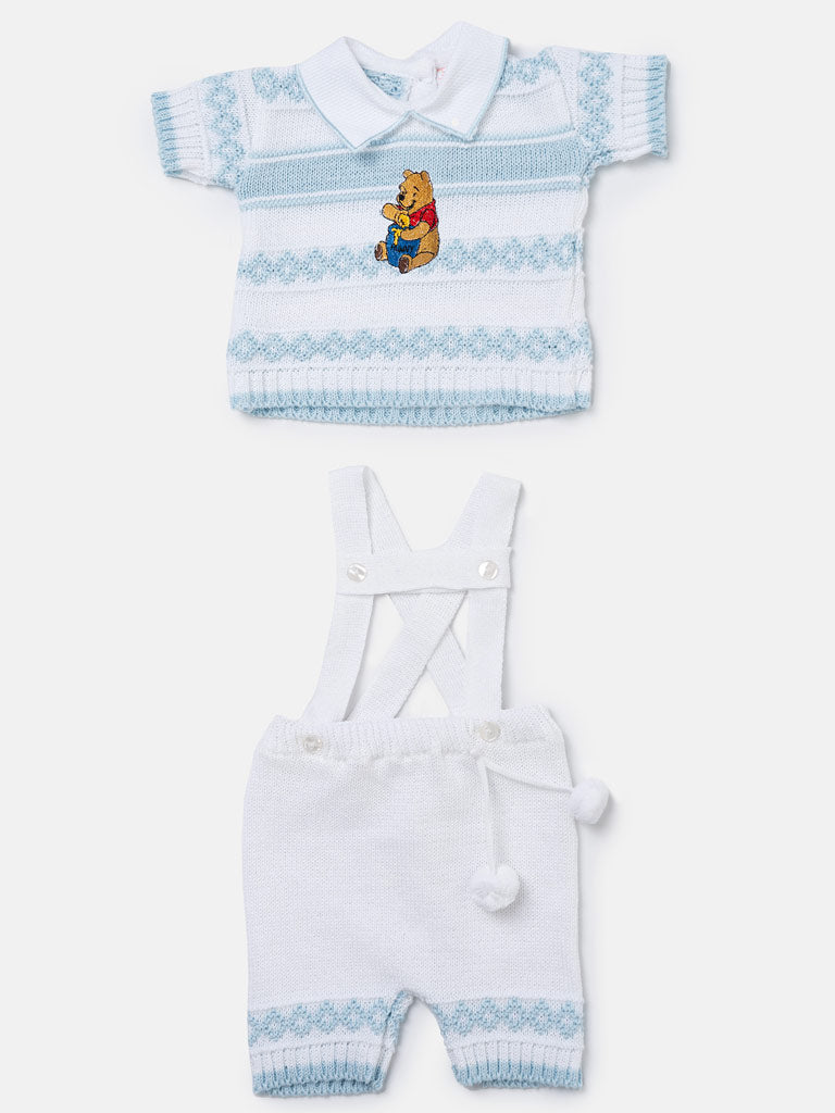 Baby Boy Pedro Collection 2-piece Knitted Set with Winnie Embroidery - White & Baby Blue