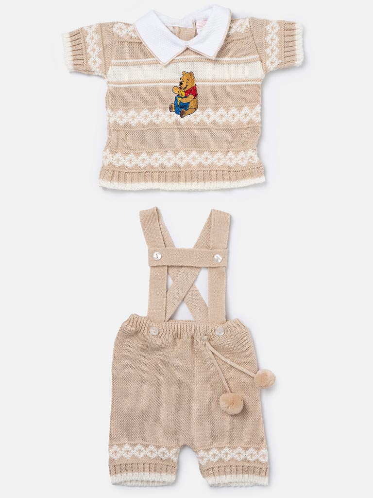 Baby Boy Pedro Collection 2-piece Knitted Set with Winnie Embroidery - Beige