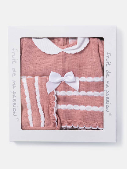 Baby Girl 3-piece Scallop Line Knitted Gift Box Set - Dusty Pink
