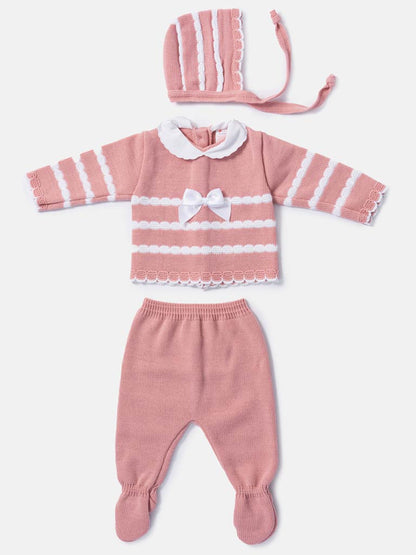 Baby Girl 3-piece Scallop Line Knitted Gift Box Set - Dusty Pink