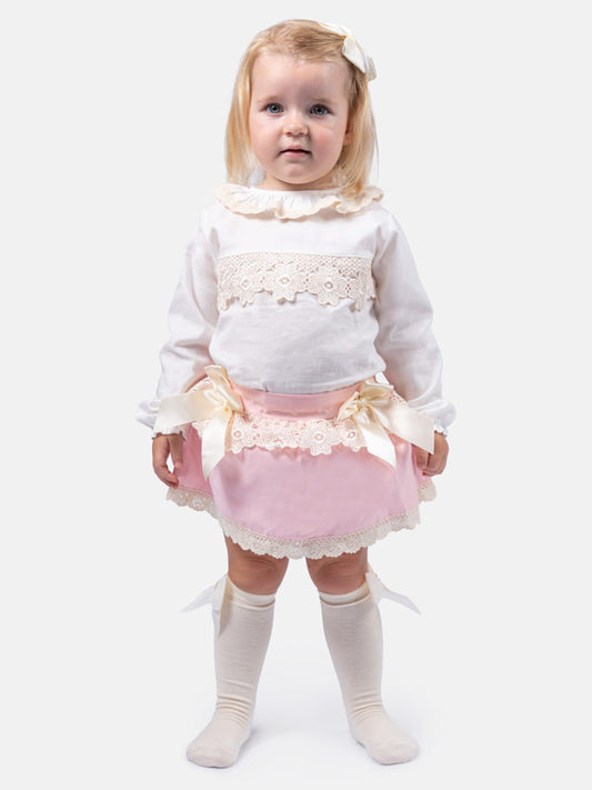 Baby Girl Luisa Collection Romper with Embroidered Lace and bow - Baby Pink