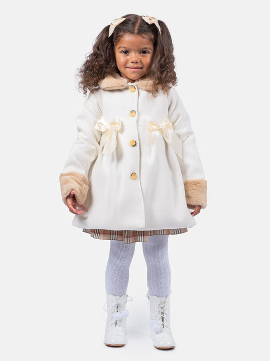 Baby Girl Elegant Coat with Fur and Satin Bows - White