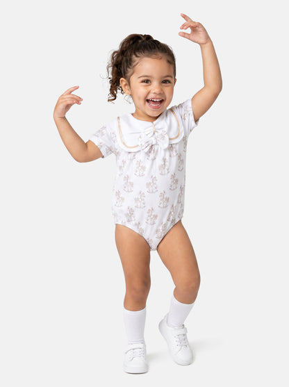 Baby Girl One-Piece Romper with Short Sleeves - Rocking Horse Collection - Beige