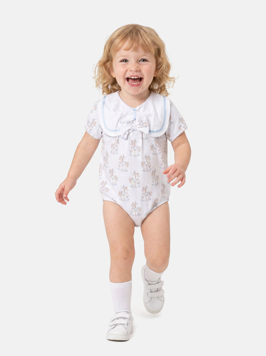Baby Girl One-Piece Romper with Short Sleeves - Rocking Horse Collection - Baby Blue