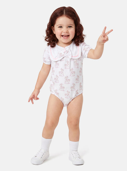 Baby Girl One-Piece Romper with Short Sleeves - Rocking Horse Collection - Baby Pink