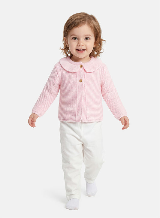 Baby Girl Knitted Cardigan with Classic Collar - Baby Pink