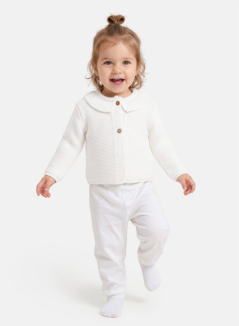 Baby Girl Knitted Cardigan with Classic Collar - Ivory