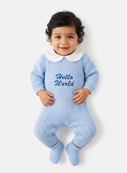 Baby "Hello World" Embroidered 2-Piece Knitted Set - Baby Blue