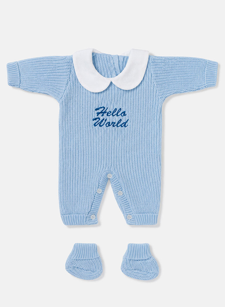 Baby "Hello World" Embroidered 2-Piece Knitted Set - Baby Blue